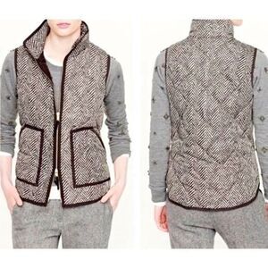 J. Crew  Printed Quilted Puffer Herringbone Vest Gray Cream Pockets sz S